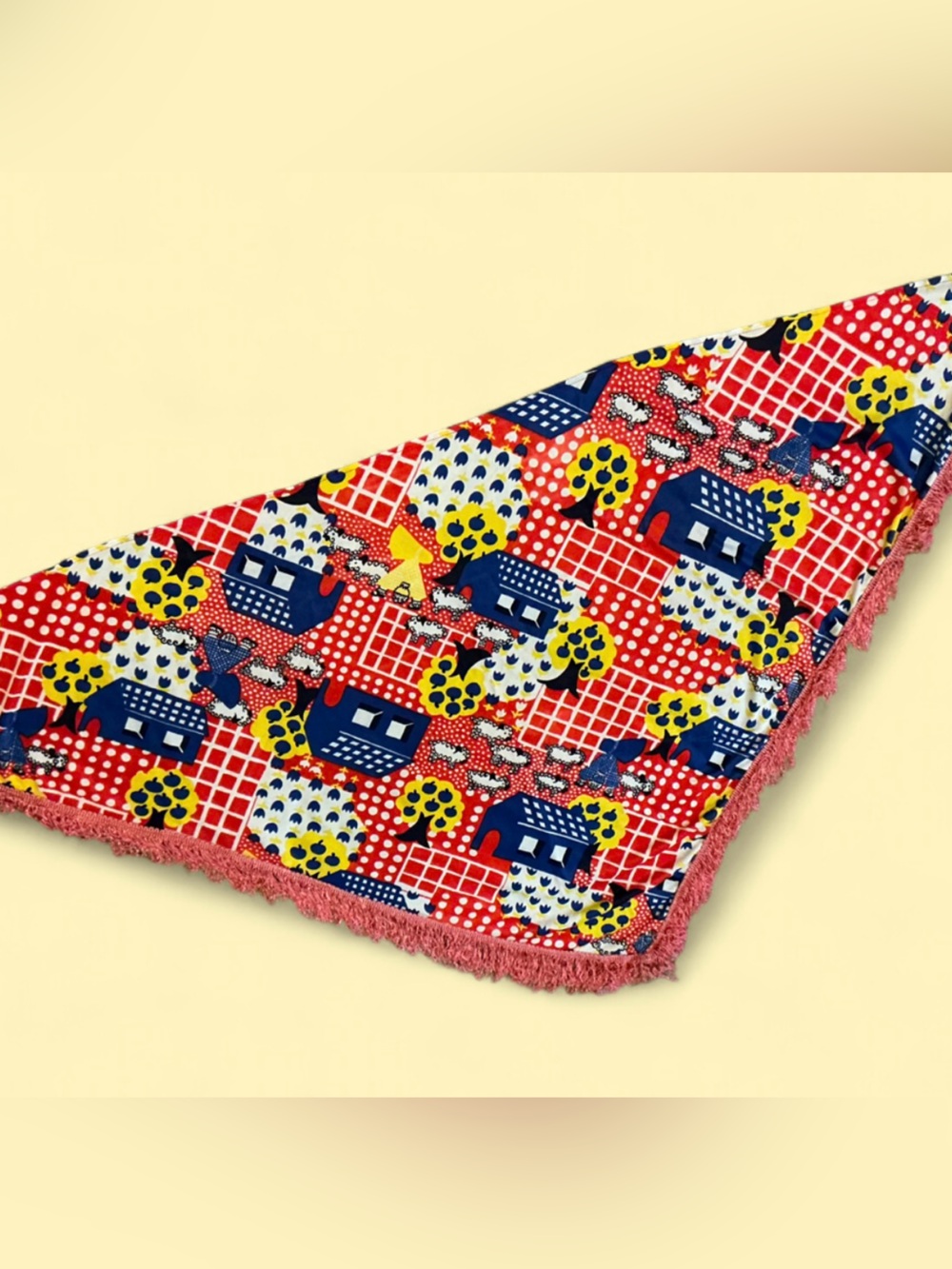 True 60’s 70’s Vintage Novelty Print Shawl/Wrap-Red,Blue,Yellow Lil’ Bo Peep 🐑